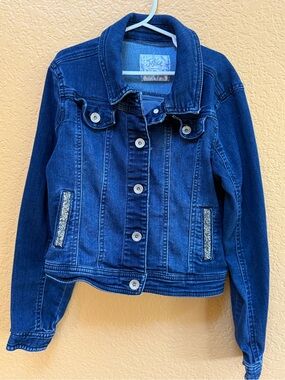 Justice Girls' Dark Blue Denim Jacket with Glitter Trim 8/10